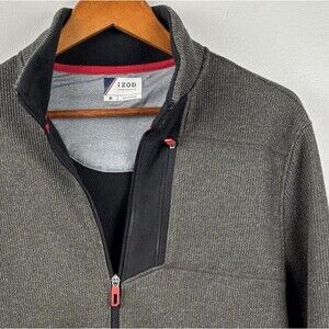 IZod Performx Full Zip Medium Dark Gray Tweed Sweater Jacket Fleece Lined Men’s